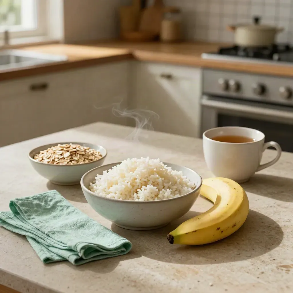 IBS-freundliche Frühstücksauswahl mit Reis, Banane, Hafer und Teetasse auf Steintisch