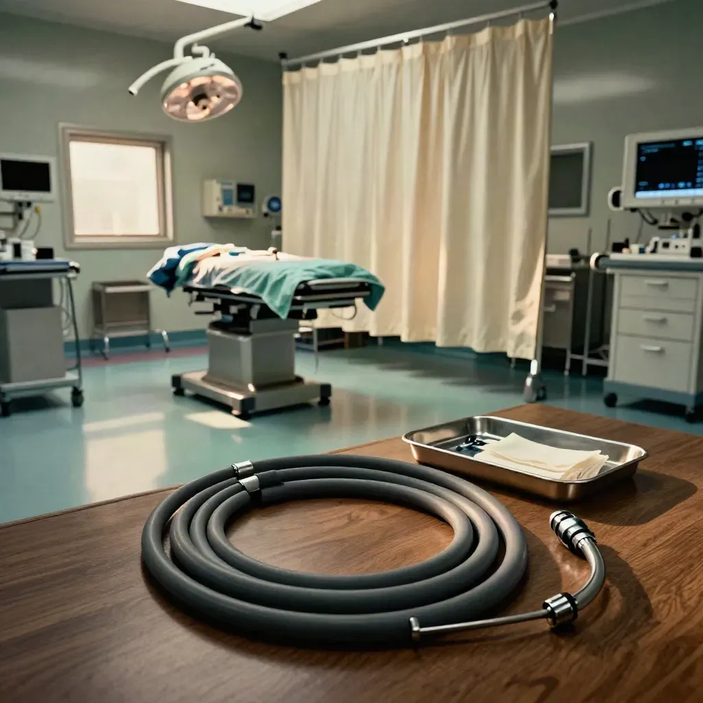 Gastroskopie-Suite mit Endoskop, Metalltablett und Vorhang im warmen Kliniklicht.