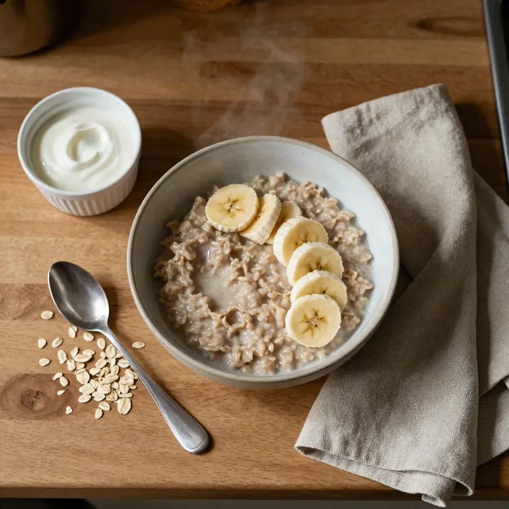 Oatmeal-Bowl mit Banane, Naturjoghurt und Leinenserviette auf warmer Küchenfläche.