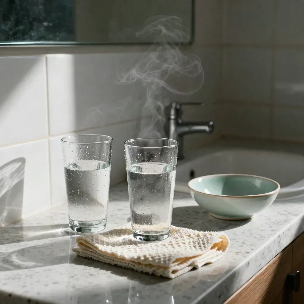 Niedrige Seitenansicht einer Badezimmervorbereitung mit Wassergläsern, Tuch und Schale vor Fliesen.