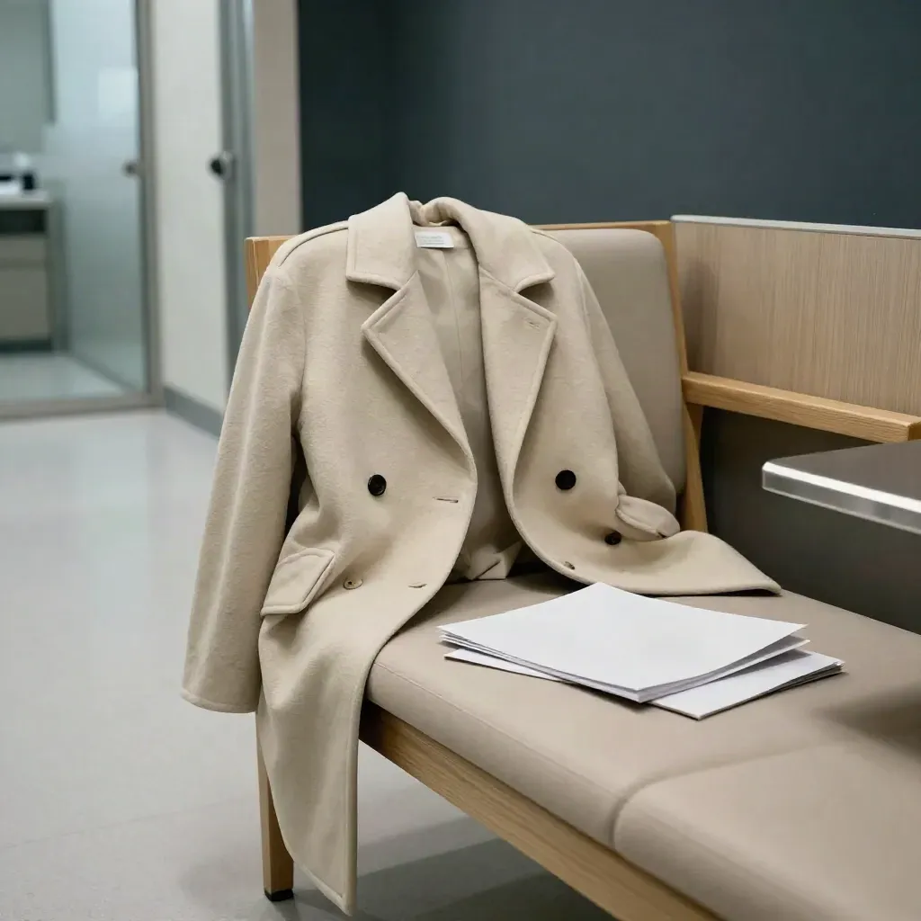 Wartezimmer mit Stuhl, gefaltetem Mantel und Ordnern im kühlen Morgenlicht.