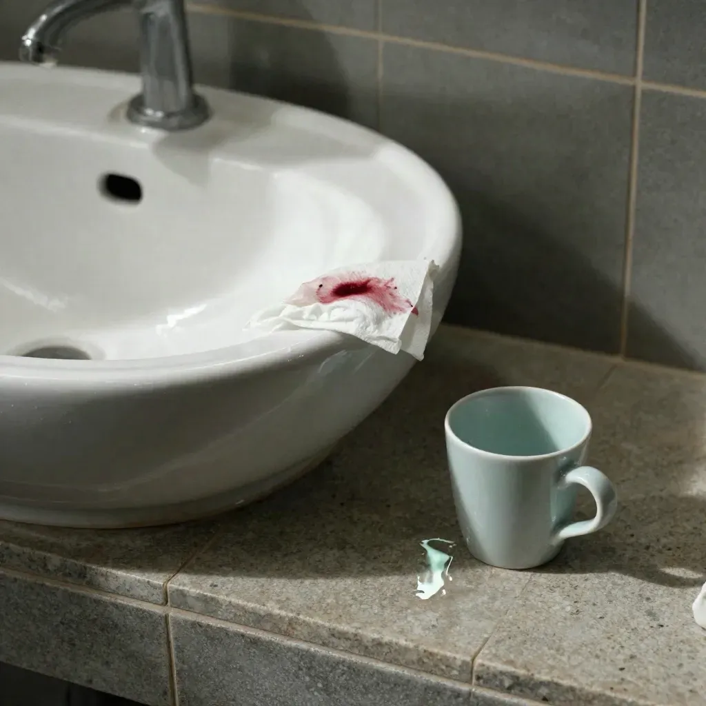 Top-down von Waschbecken, Tuch mit dunklem Fleck und Becher auf kühlen Fliesen