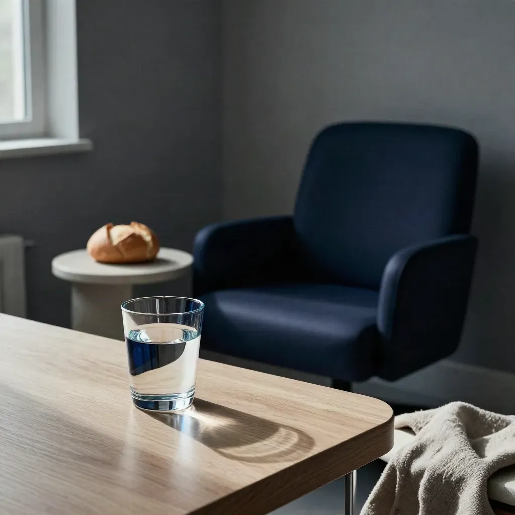 Wasserglas, Brötchen und Stuhl in einer dunklen Beratungsecke mit kühlem Licht