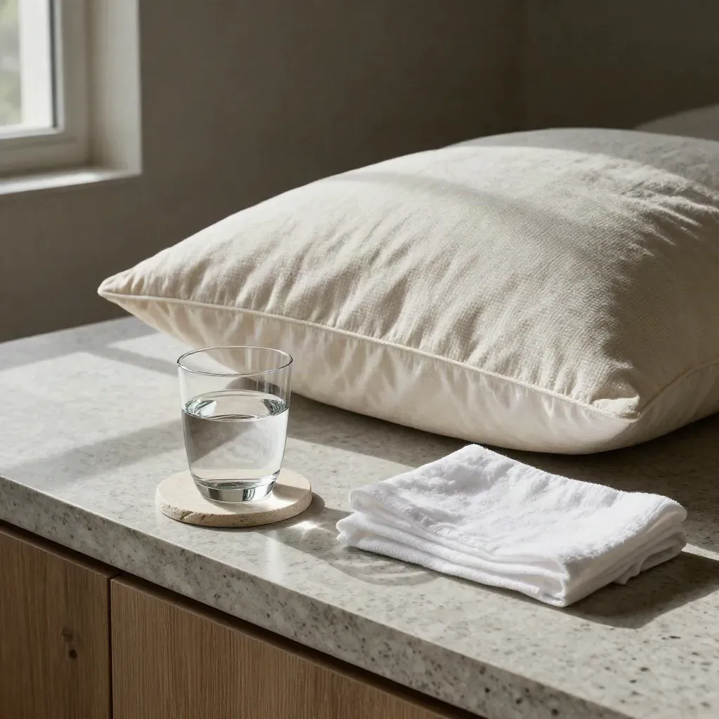 Reflux-Bedside-Setup mit Keilkissen, Wasserglas und gefaltetem weißen Tuch.