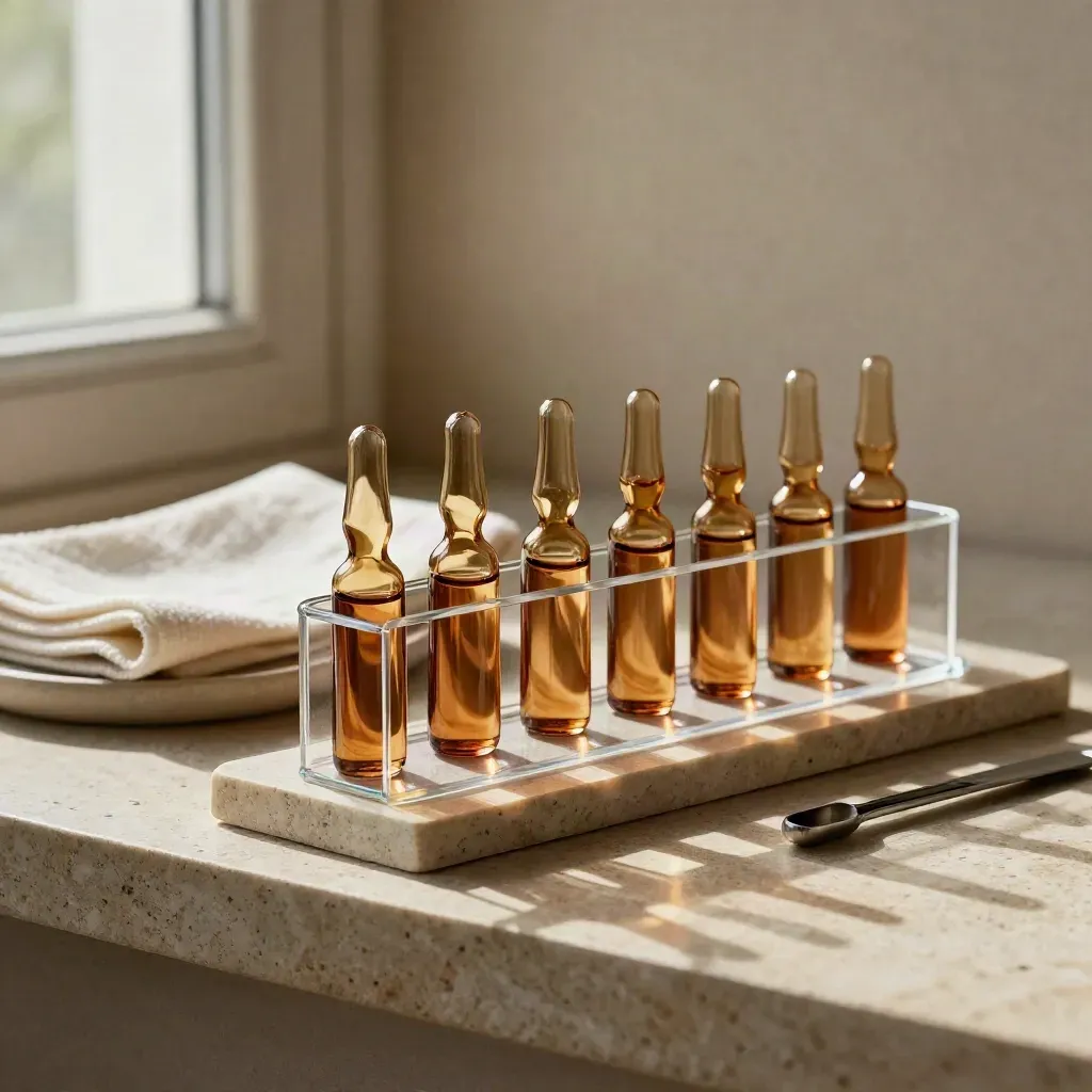 Amberfarbene Serumfläschchen, Steinschale und Gaze auf einer hellen Steinablage.